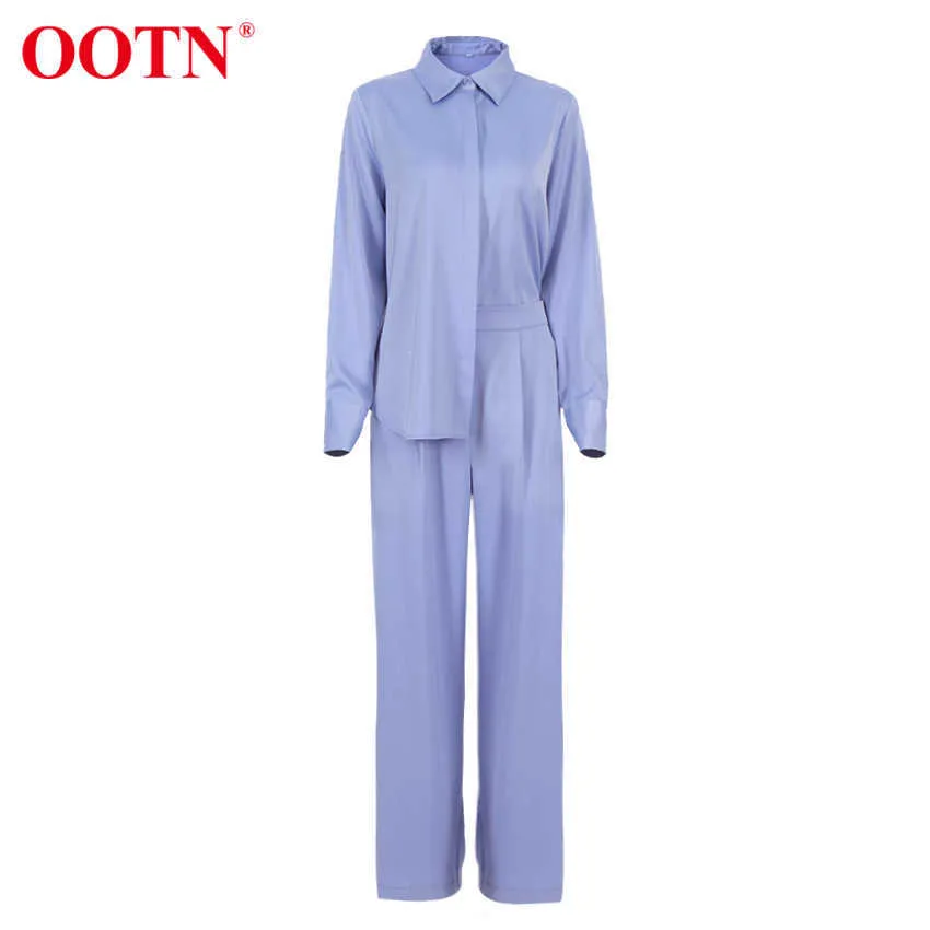 OOTN Blue Satin Home Suit Wear Spring Brown Lange Mouw 2 Stuk Top en Pant Sets Losse Casual Solid Ladies Broek Set 210721