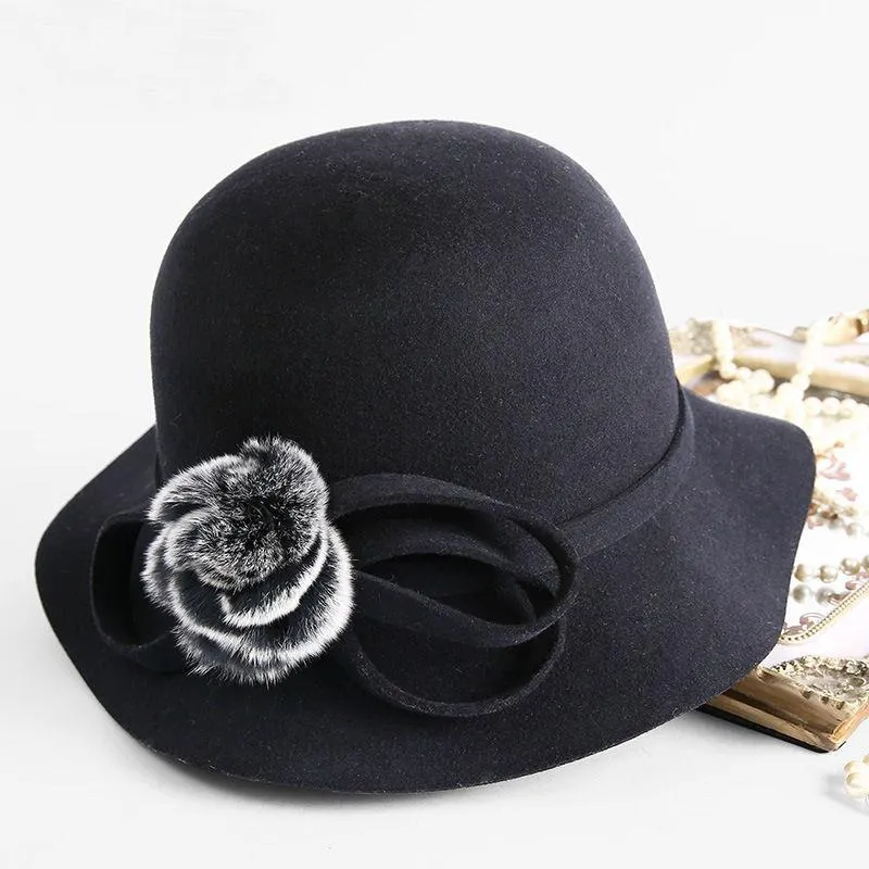 Stingy Brim Hats 2021 Winter High Quality 100% Australia Wool Lady Hat With Fur Flower Women Bowknot Floppy Felt Fedora2795