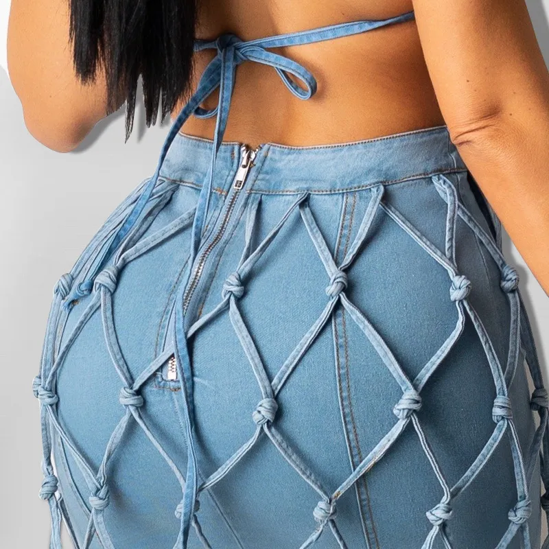 Fashion Summer Two Piece Dress Hand-woven Rope sexy Solid Color Denim Skirt