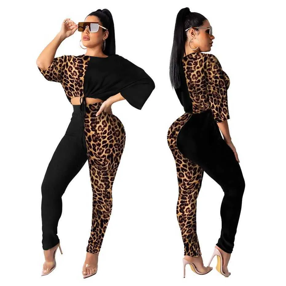 Haoyuan Two Piece Set Tracksuit Women Festival Clothes Leopard Crop Top och Pant Sweat Suits Matching Set Fall Outfits Y0719