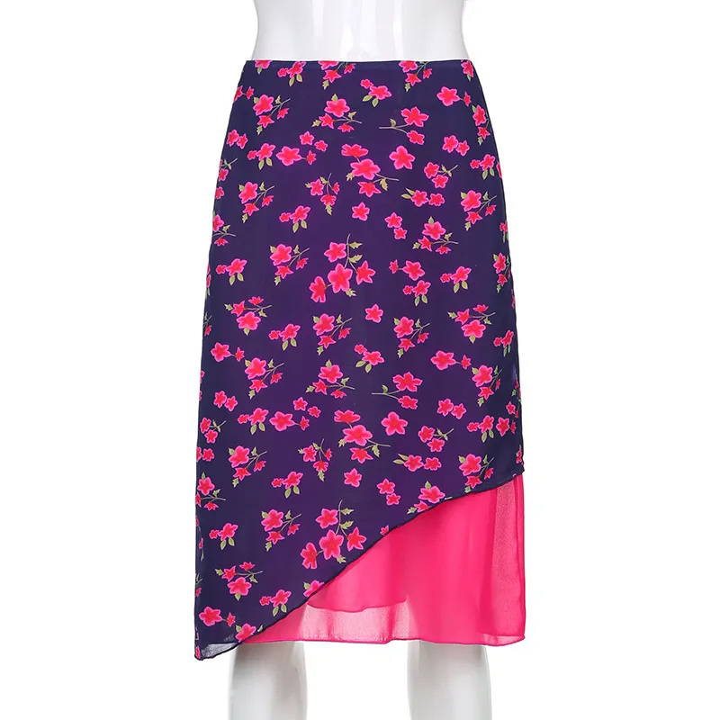 Gullig rosa blomma tryck Midi Y2K kjolar Kvinnor 2021 90s estetiska dubbelskikt Chiffon Kawaii kjol Låg midja Penna strand kjol x0428