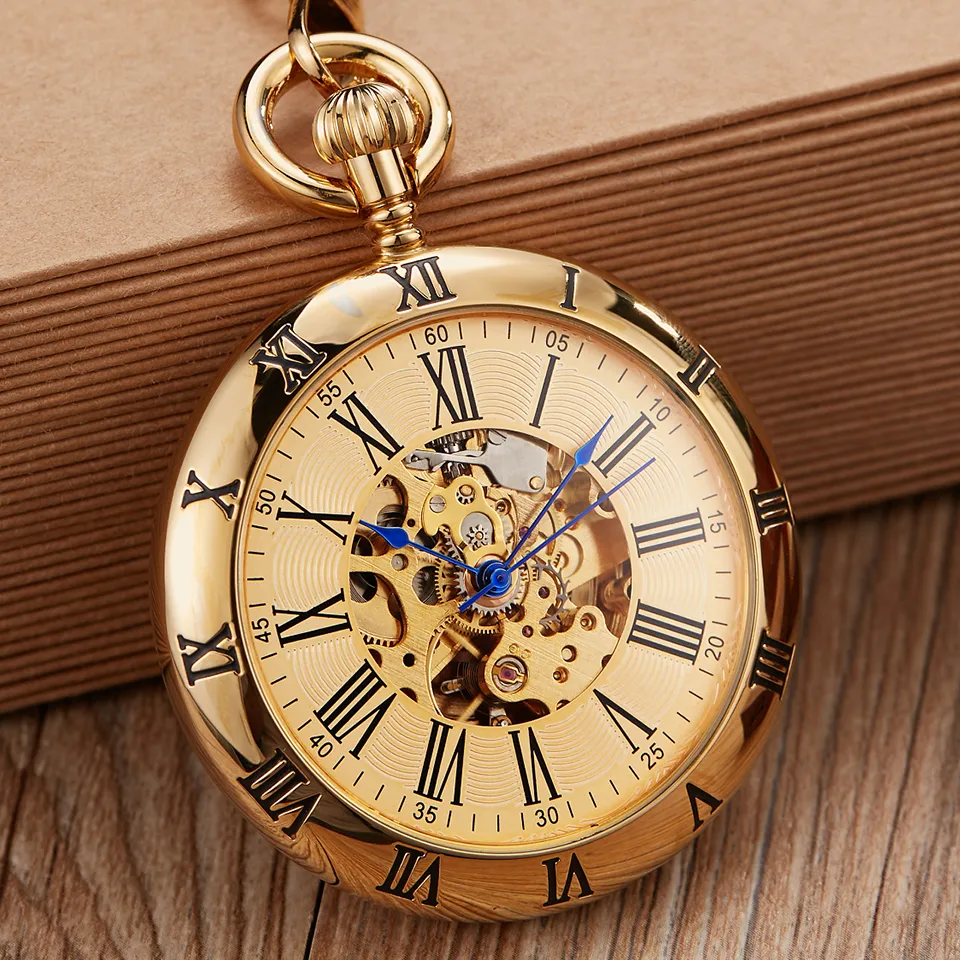 Reloj de bolsillo mecánico automático de oro de lujo, relojes de cobre Retro, números romanos, colgantes de cadena Fob para hombres y mujeres 272N