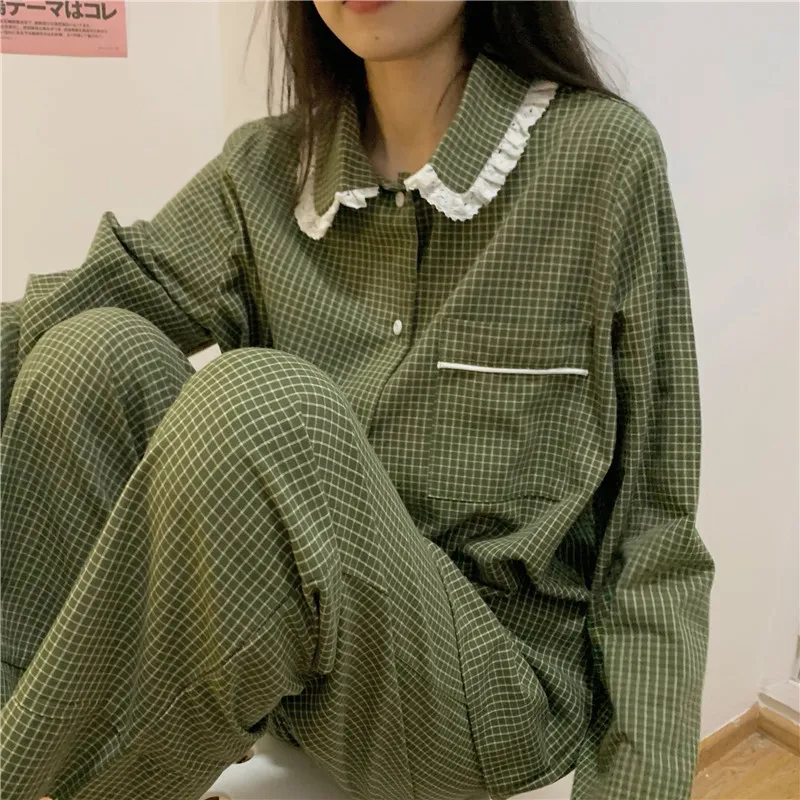 Grön Chic Jul Söt Koreansk Loose Homewear All Match Lace SleepWear Women Girls Pyjamas Sets 210525