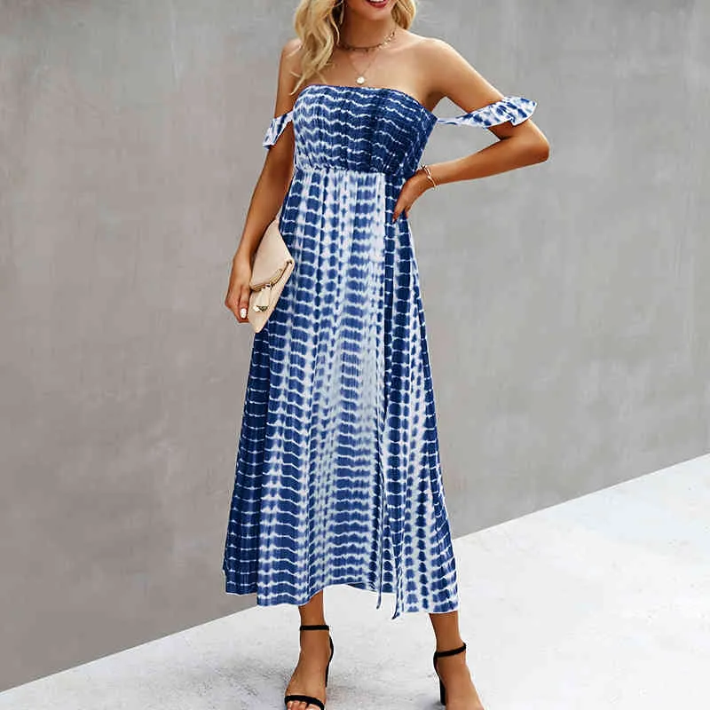 Summer Moda Tie-barwnik Sexy Tube Top Halter Kobieta Sukienka Vestido Print A-Line Beach Dress Kobiety Boho Długa Maxi Dress 210514