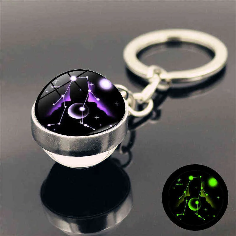 12 Constellation Lumineux Porte-clés Signes du Zodiaque Bijoux Glow Boule de Verre Pendentif Porte-clés Porte-clés pour Clé Cadeau D'anniversaire Femme G1019