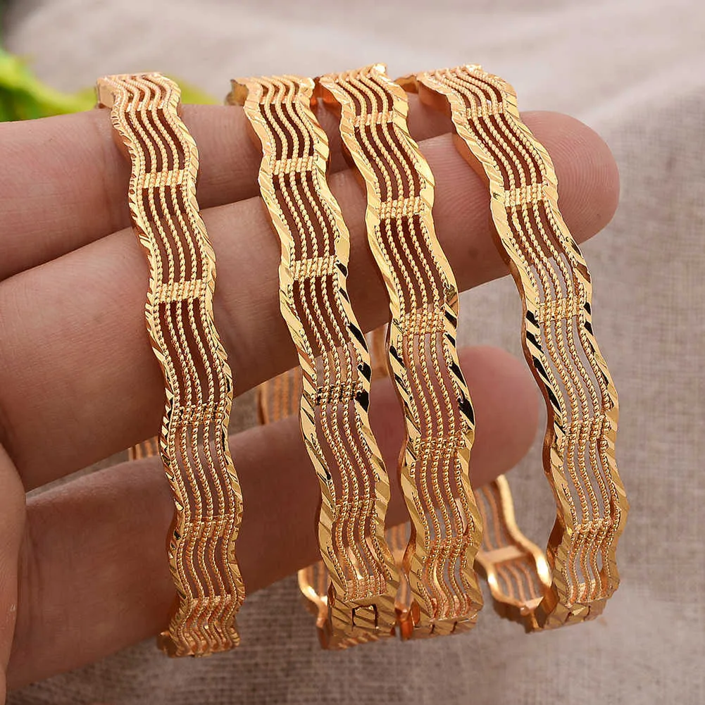 New Design Bangles Ethiopian Grid Gold Color Bangles for Women Dubai Bride Wedding Bracelet African Arab Jewelry Middle East Q0720