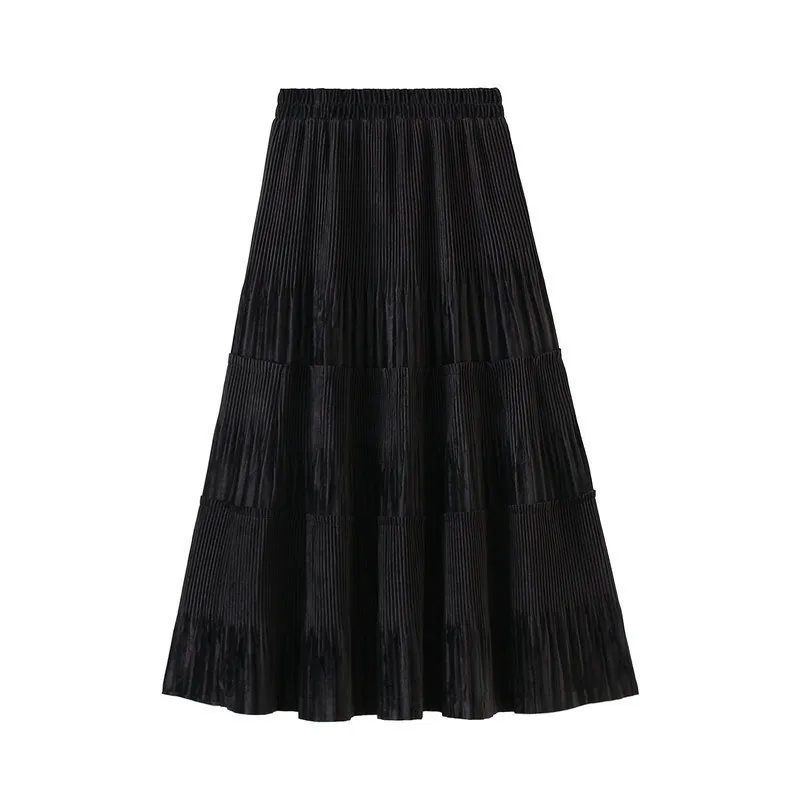 OHRYIYIE couleur unie femme Vintage longue velours jupe plissée femmes printemps automne élégant mode dames taille haute une ligne 220224