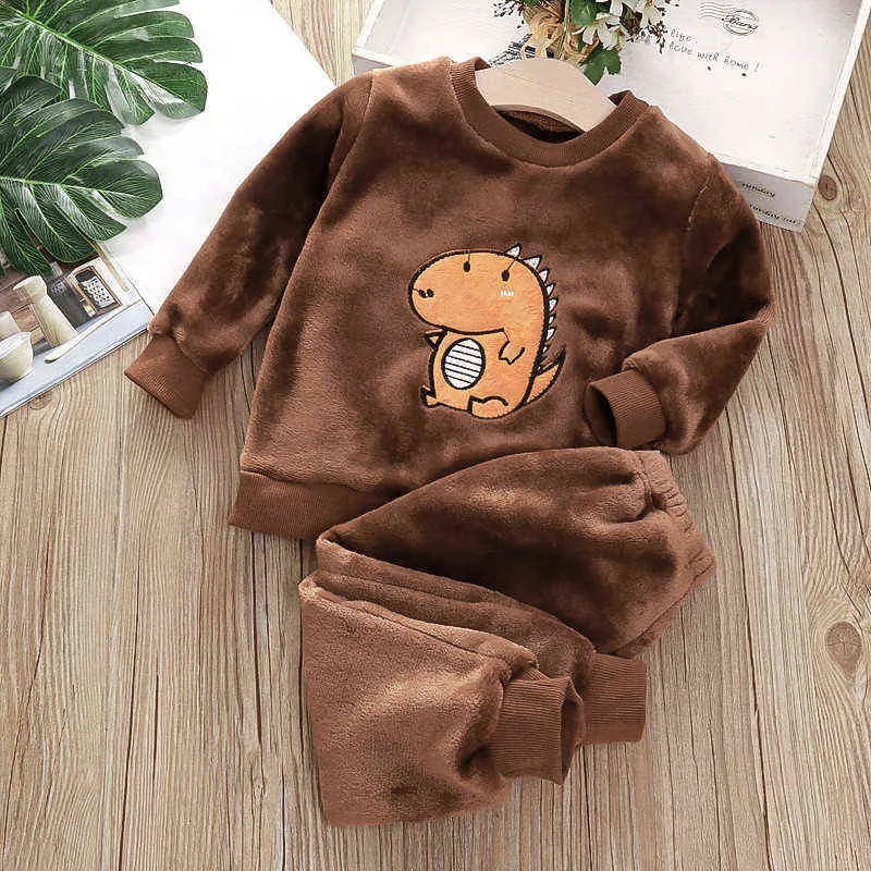 Baby Boy Girl Pigiama Set Flanella Fleece Toddler Bambini Bambino Caldo Catoon dinosauro Sleepwear Abbigliamento Inverno Autunno Primavera 1-6Y 211109