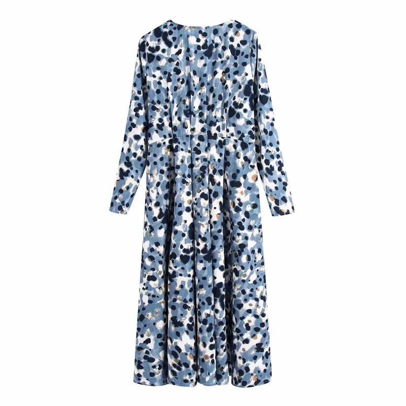 Vintage Woman V Neck Soft Printed Long Dress Spring Autumn Casual Ladies Wave point es Female High Waist 210515