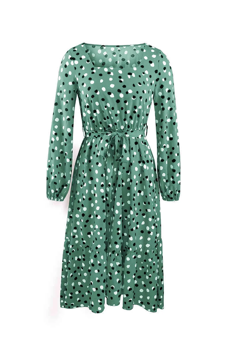 Polka Dot Casual Maxi Robe Femmes Printemps Automne Longue Ceinture Taille Boho Élégant Dames Manches 210427