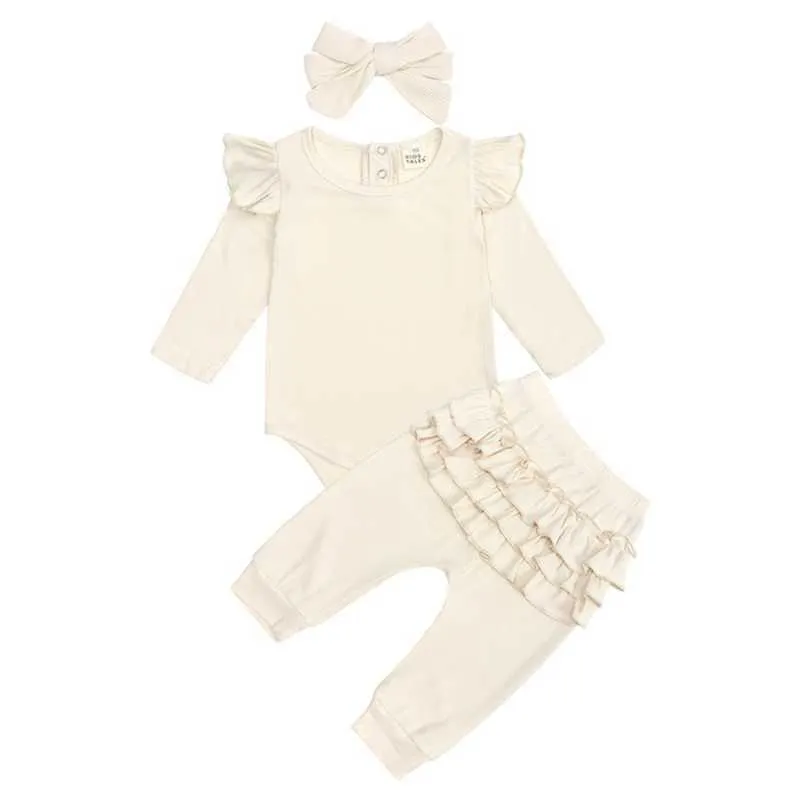 2021 Baby Girl Boy Vêtements Ensembles pour nouveau-nés Solides manches volantes Barboteuses + Pantalons plissés Costume Automne Nouveaux vêtements pour enfants G1023