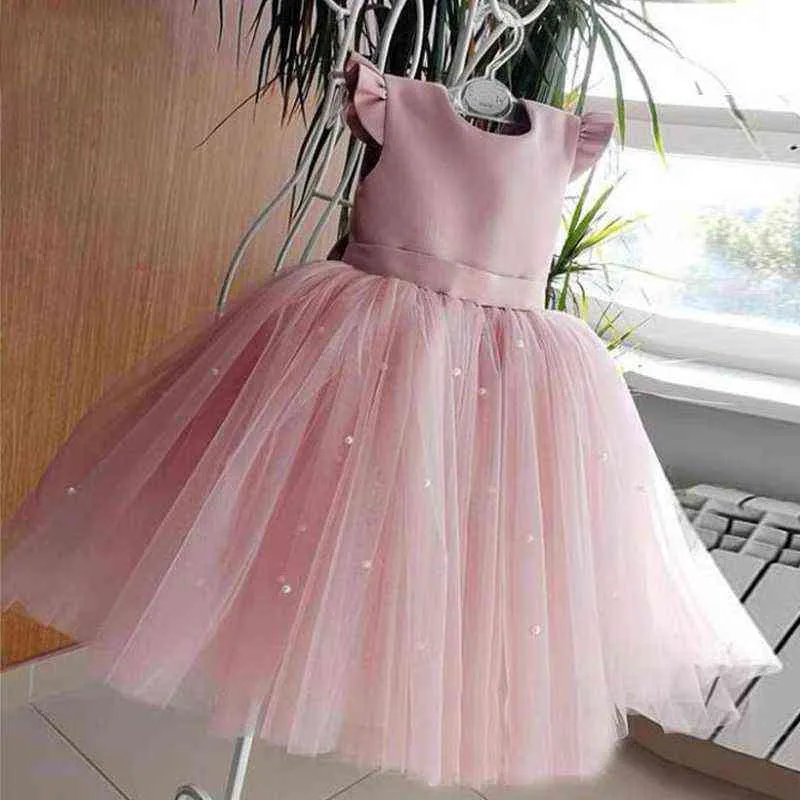 2021新しい桃のピンクの花の女の子の女の子のドレスの結婚式のビーズの背景のない女の子の誕生日パーティーのイブニングドレスチュールプリンセスボールガウンG1218