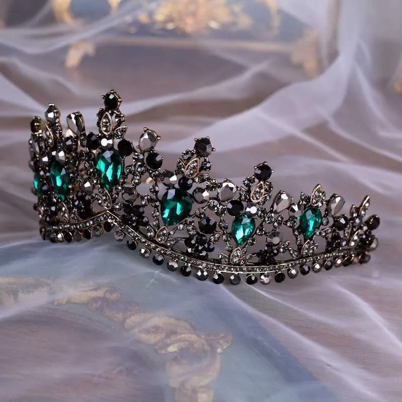 Baroque Bronze Black Green Crystal Bridal Tiaras Crown Vintage Diademの花嫁のヘッドバンド結婚式のヘアアクセサリー210707