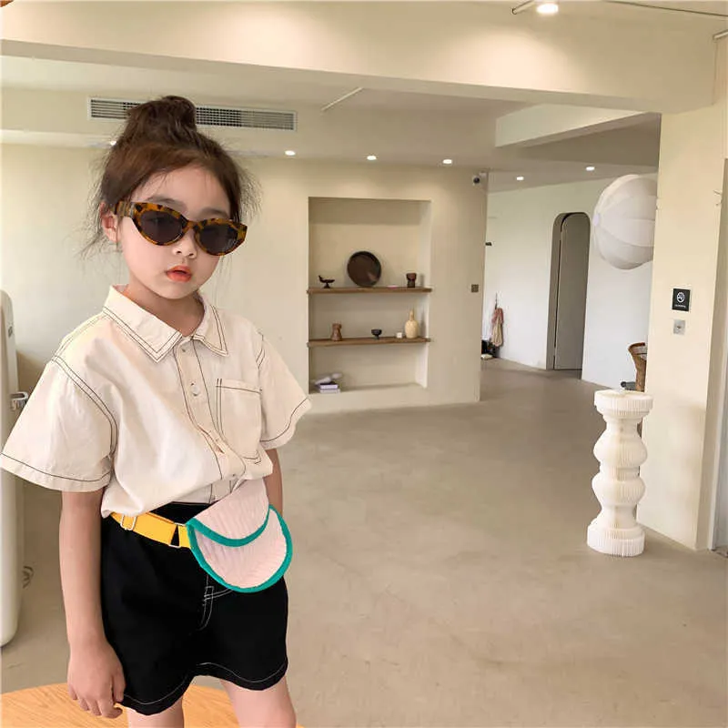 Estilo coreano crianças moda unisex cor sólida camisas de manga curta camisas meninos meninas soltas solteiras tops 210615