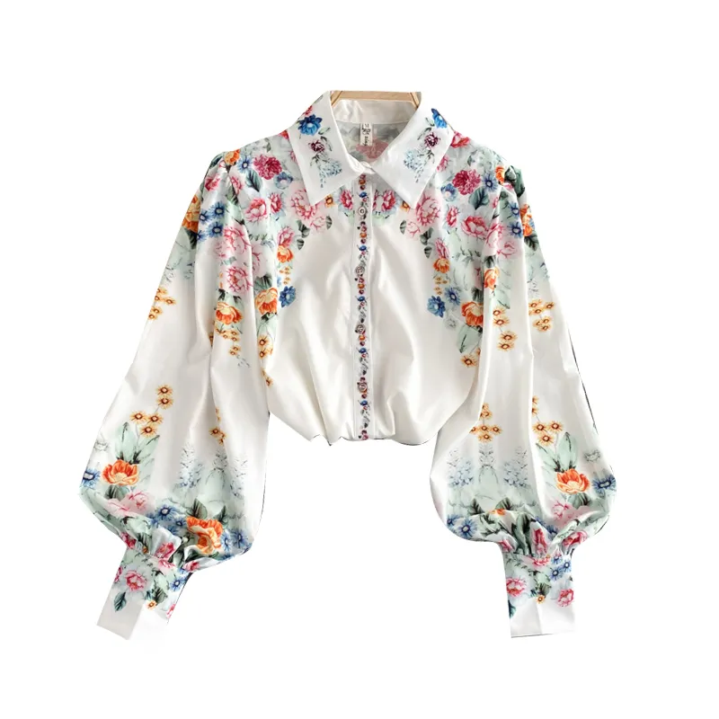 Women's Spring Autumn Blouse Korean flower lantern sleeve lapel top Loose fashion Long Sleeved Female Blouses UK113 210506