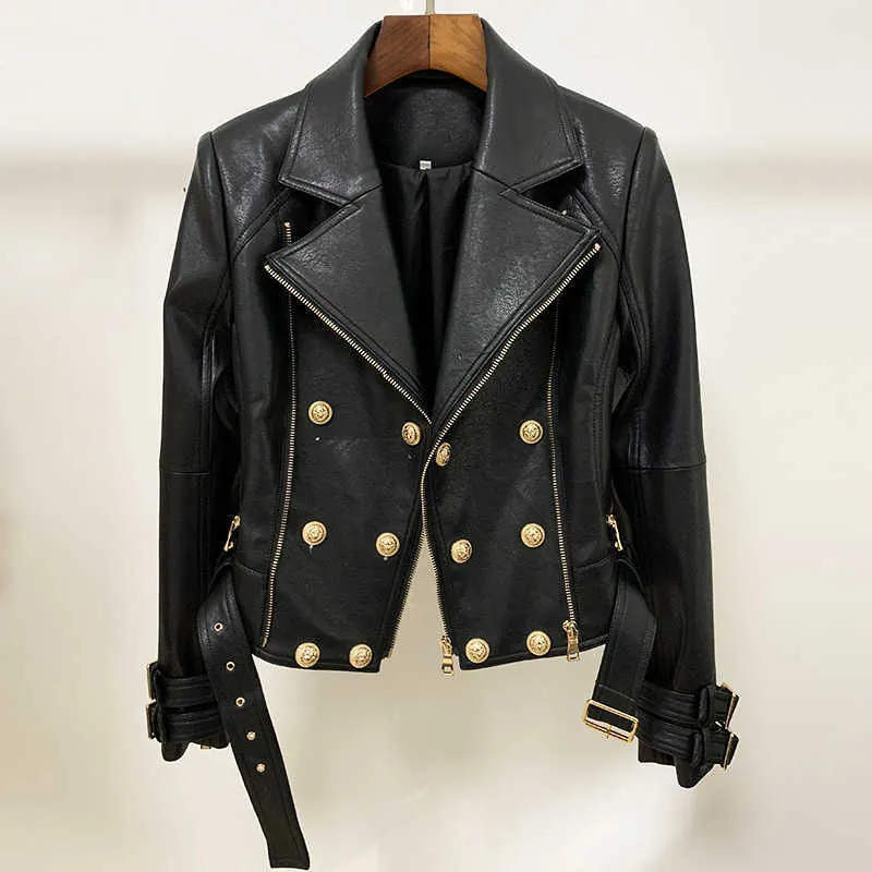 Alta calidad est diseñador chaqueta de mujer botones de león chaqueta de cuero de imitación chaqueta de motociclista 210908
