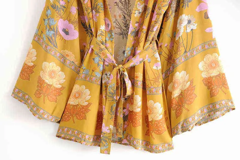Vintage chic femmes imprimé floral ceintures manches chauve-souris rayonne plage bohème kimono robe dames col en V été Boho bikini cover-up G121250u