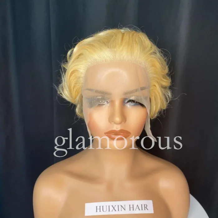 13x1 spets pixie klippt brasiliansk glueless mänskliga hår peruker för kvinnor kroppsvåg 613 blond kort bob wig8899759