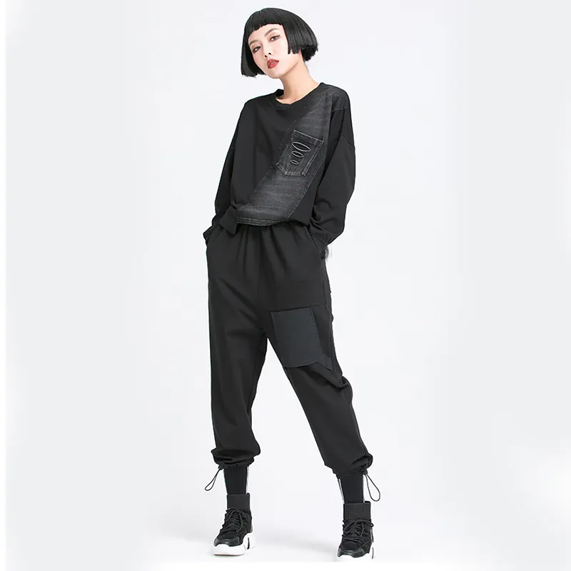 [EAM] Wysoka elastyczna talia dorywczo długie kieszeń harem spodnie luźne spodnie fit kobiety moda wiosna jesień 1dd6058 210512