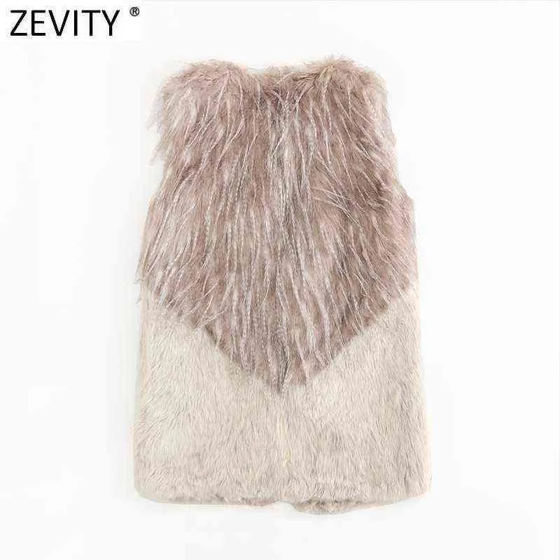 Zevity Women Fashion Sleeveless Color Matching Faux Fur Patchwork Vest Jacket Ladies Casual WaistCoat Chic Outwear Tops CT743 211123