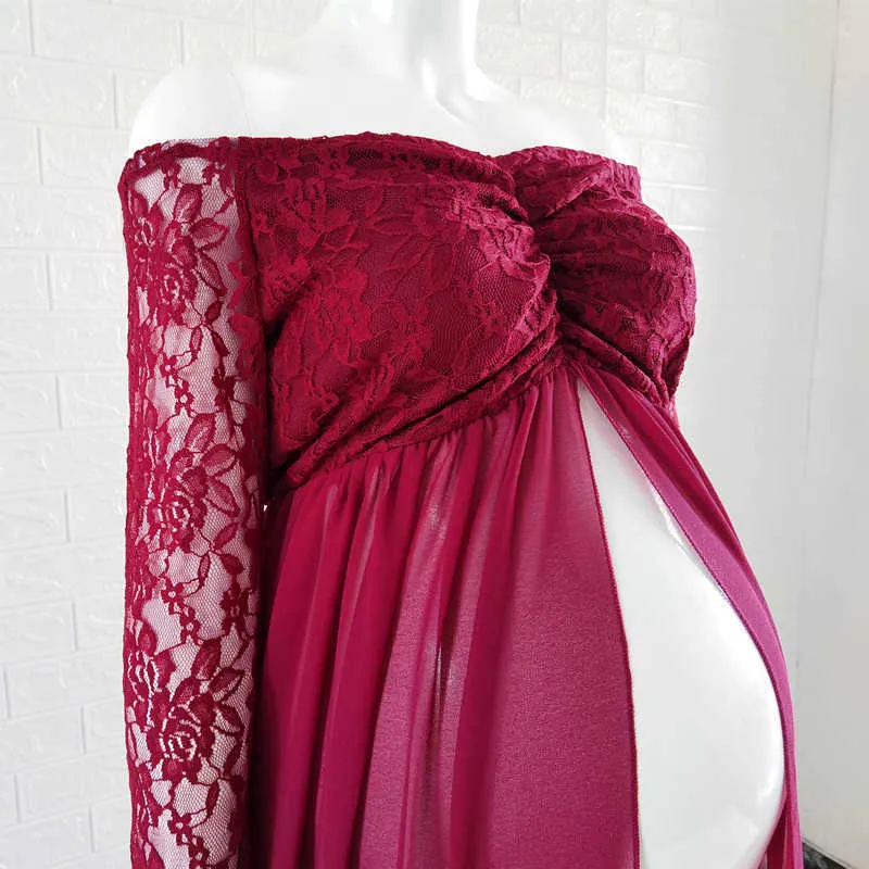 Robe de photographie de maternité longue en mousseline de soie rose poussiéreux robes de dentelle de maternité coeur doux pour séance photo fente robe de grossesse ouverte