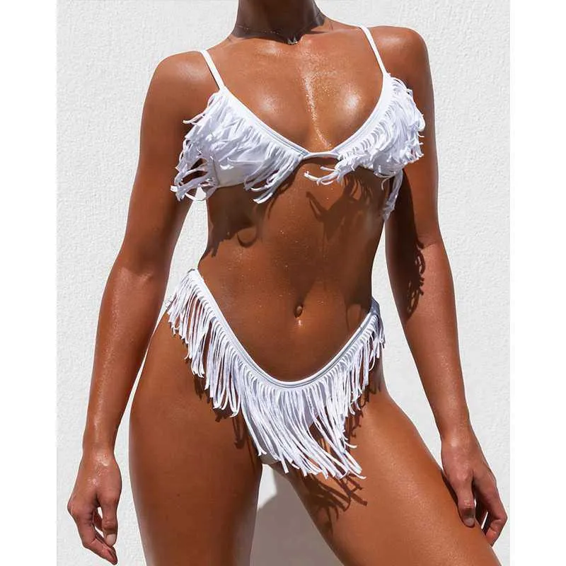 Tassels Fringed Bikini Women Swimsuit Thong High Cut Swimwear Sexy Monokini Leg Mini 210621