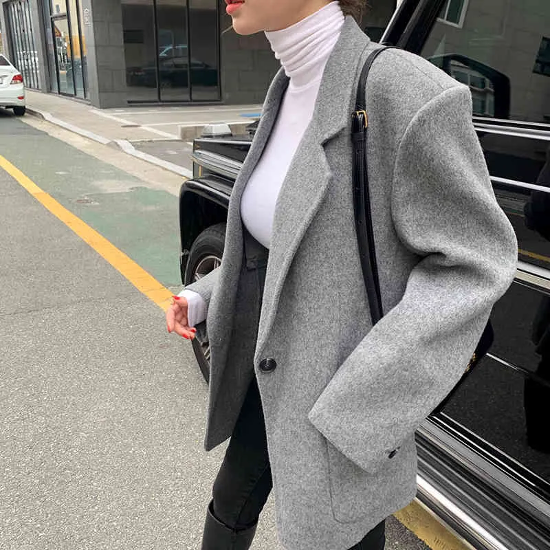 Coréen épaissir col cranté femmes manteaux de laine hiver manches longues bouton unique chaud lâche mode mélange Femme 210518