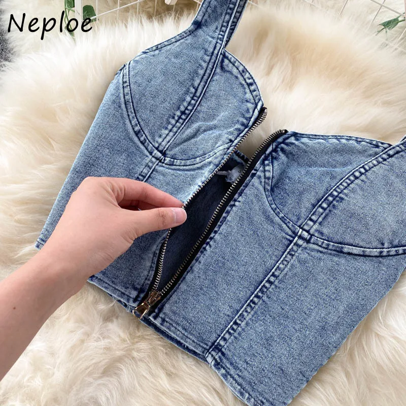 Neploe Summer Vintage Denim 2 st Kvinnor Sexig Clavicle Exposed Ärmlös Camis Top + Hög midja Hip A Line Split Kjol Suit 210423