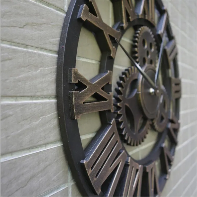 Handmade 3D large vintage quartz wall clock watch decor for living room silent watch wall clock big gear wooden wanduhr klok (3)