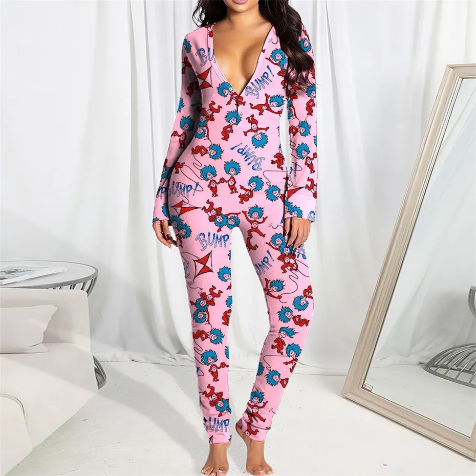 Bulk Womens Pijamas Macacão Jumpsuits Elegante Moda Adorável Impressão Bodycon Skinny Manga Longa V-Pescoço Pulôver confortável Clubwear Sleepwear K8341