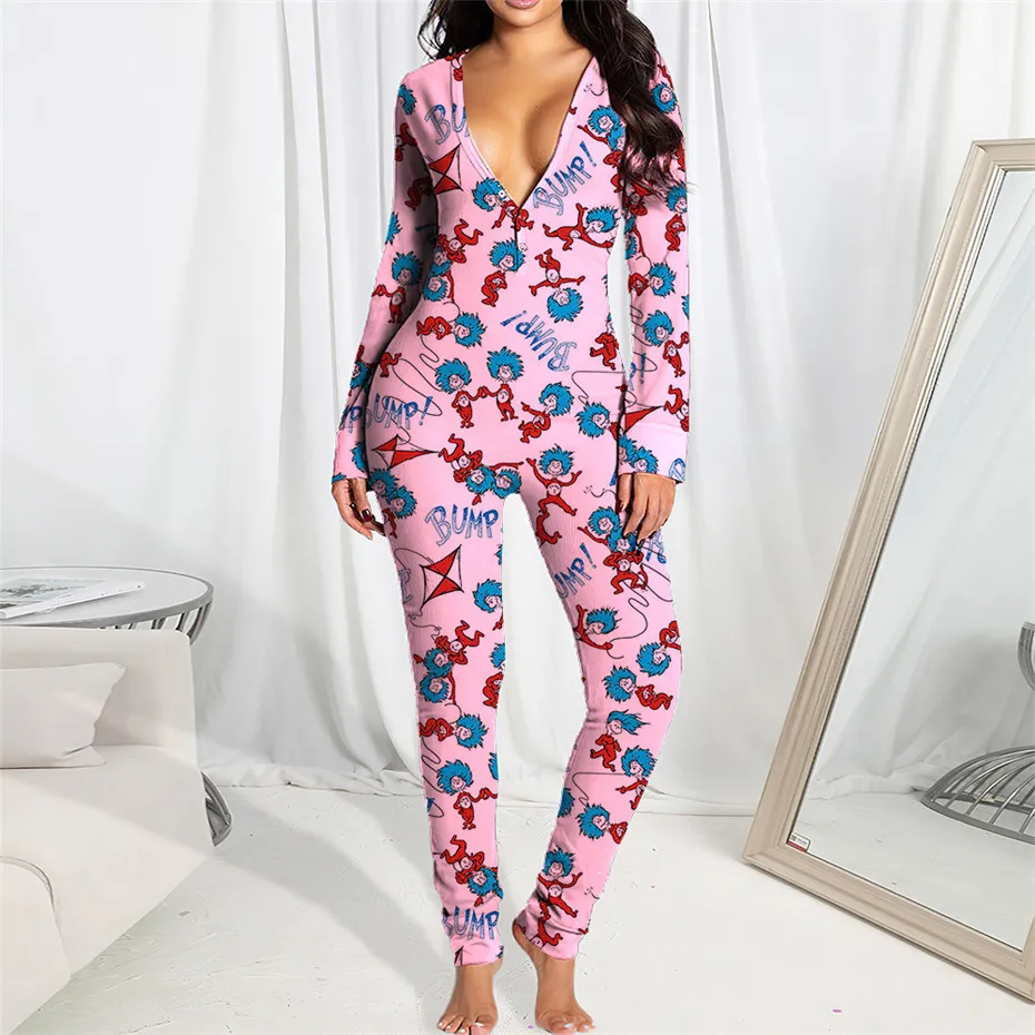 Toplu Bayan Pijama Tulum Tulumlar Zarif Moda Güzel Baskı Bodycon Sıska Uzun Kollu V Yaka Kazak Rahat Clubwear Pijama K8341