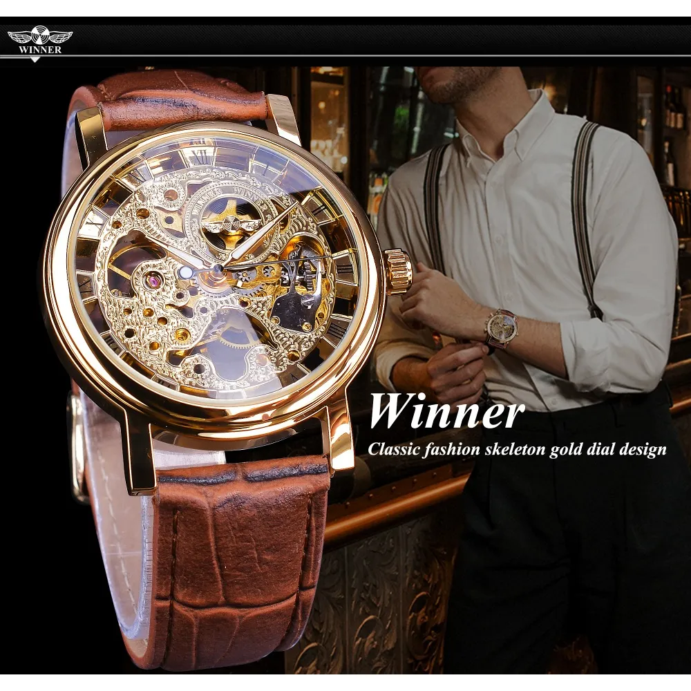 Transparent Golden Case Luxury Casual Design Brown Leather Strap Mens Watches Mechanical Skeleton2849
