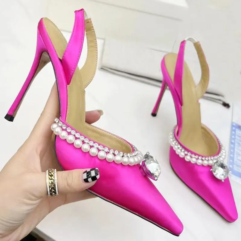 fashion High heeled sandals 100% Leather summer Women Fine heel Heels shoe sexy Pearl Satin Womens Shoes cloth lady Diamonds Pointed shoes Large size 35-41-42 With box