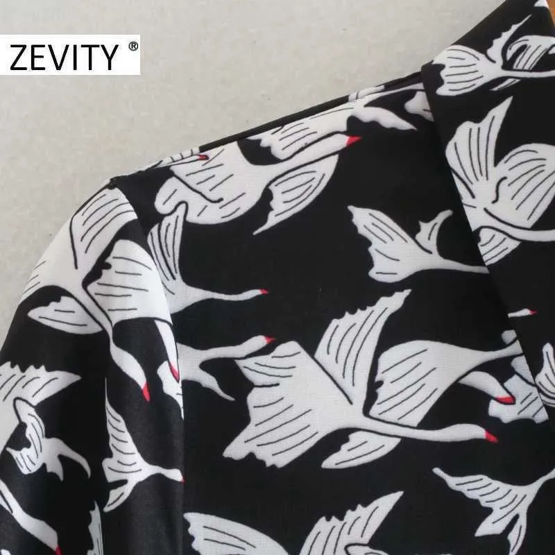 Zevity Women Fashion Crane Imprimir Bow Fashes Vestido de la camisa Office Lady Nine Quarter Manga Casual Slim Midi Vestido DS4602 210603