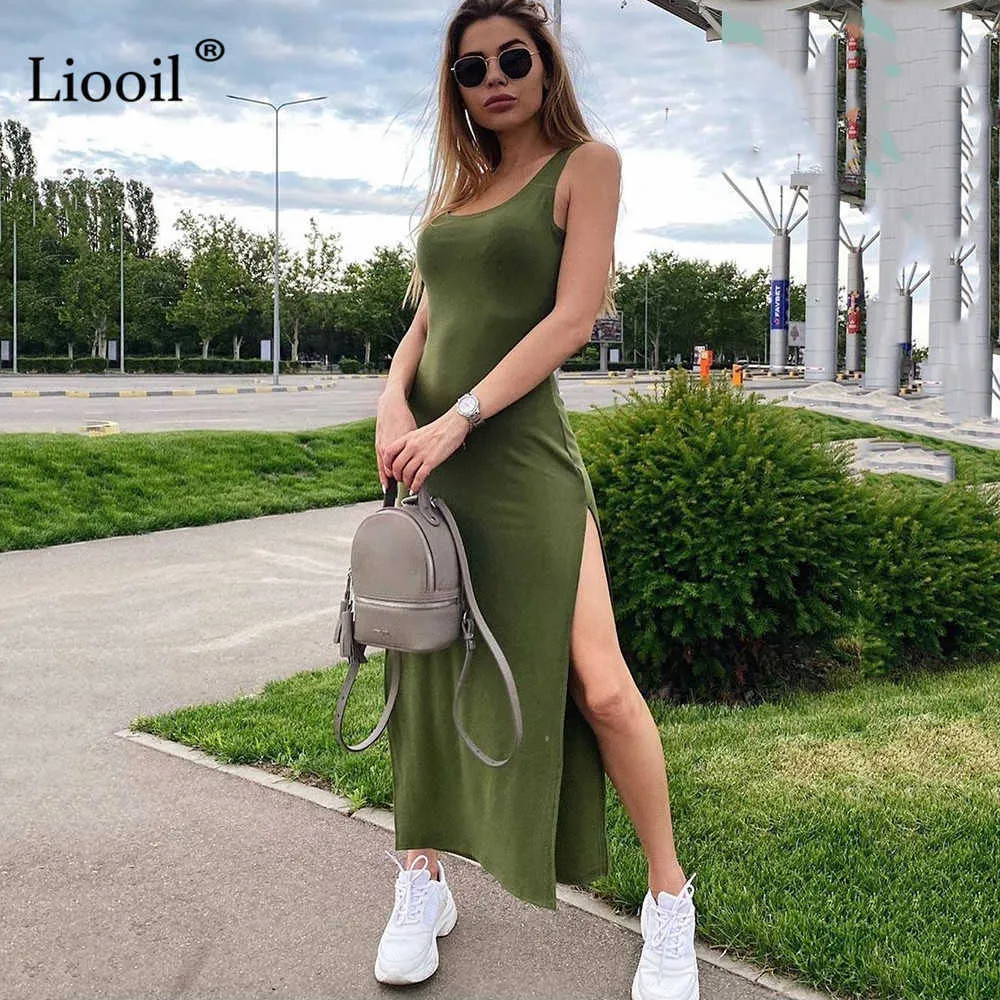 95% Pamuk Seksi Bodycon Yarık MIDI kadın T-shirt Elbise Streetwear Yeşil Siyah Temel Rahat Yaz Sundress Tank Elbiseler 210630