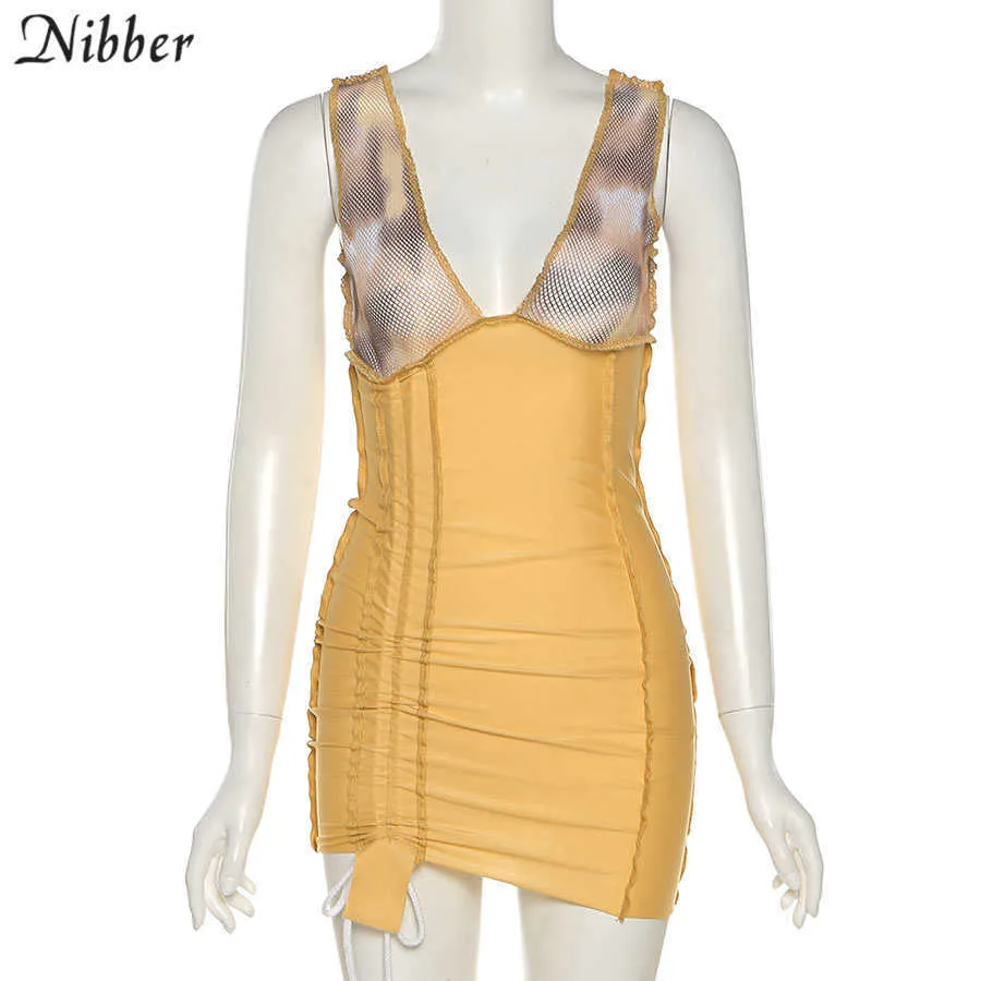 Nibber Frauen Sexy Y2k Ärmel Kordelzug Aushöhlen Plissee Bodycon Paket Hüfte Mini Kleid 2021 Sommer Kleidung Streetwear Y0823