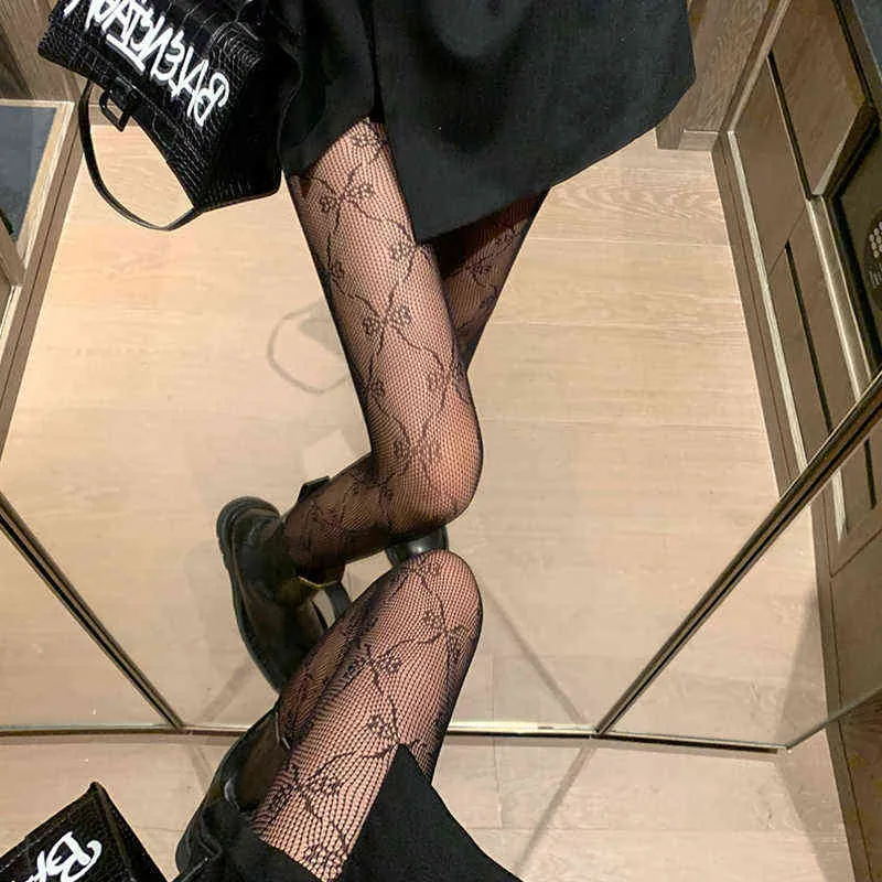 Sexy Girl Mesh Tights Hollow Item Letter Classic Silk Stockings Women Girls Black White Bow Stockings Pantyhose Female Tights Y1119