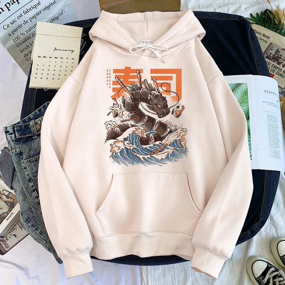 Dessin animé Sushi Dragon Imprimer Hommes Sweats Chaud Lâche Hoodies Automne Casual À Manches Longues Streetwear Survêtement Surdimensionné Pour Homme Y0804