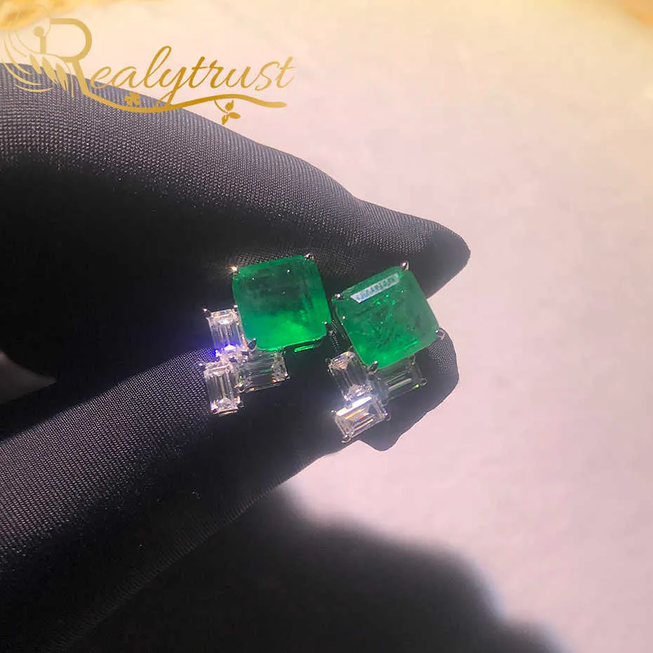 RealLytrust Fashion 99mm Square Synthesis Colombian Emerald Stud Earrings Silver 925 Jewelry Women Wedding Party 2106166807353