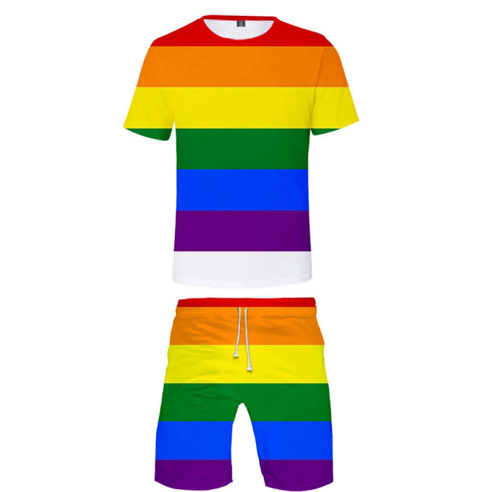 Eşcinsel Aşk Lezbiyen Gökkuşağı Bayrağı Tasarım Elbise LGBT Setleri Yaz Kısa Kollu T-Shirt + Rahat Kurulu Şort erkek LGBT Setleri gömlek X0610