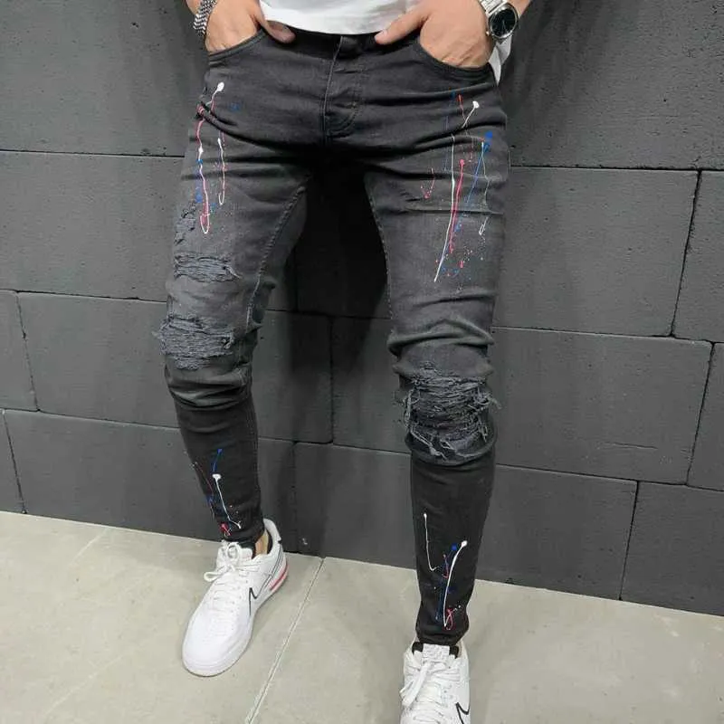 Déchiré Jeans Hommes Maigre Noir Crayon Pantalon Moto Biker Parti Casual Trou Jean Pantalon Couleur mendiant Denim Pantalon Mâle 210622