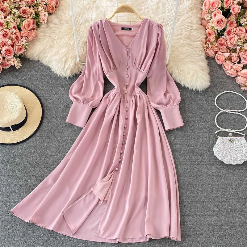 Vintage Pink/White Single Breasted Long Dress Women Summer Elegant V-Neck Lantern Sleeve High Waist Party Vestidos Spring Autumn Y0603
