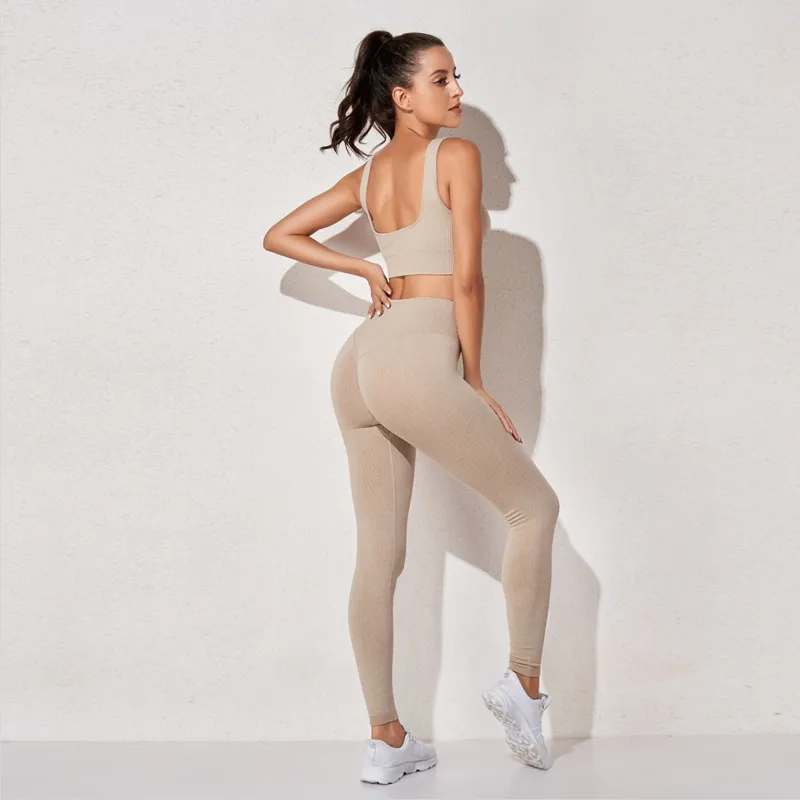 Kvinnors sportkläder hög midja sport bh + legging gym kläder sömlös fitness yoga kostym stretchy träning set vadderad