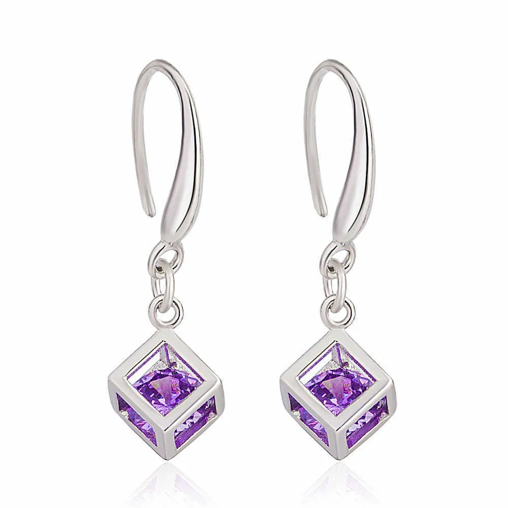 Womens Earrings Dangle crystal silver plated Cube female long love ear simple fashion drop style