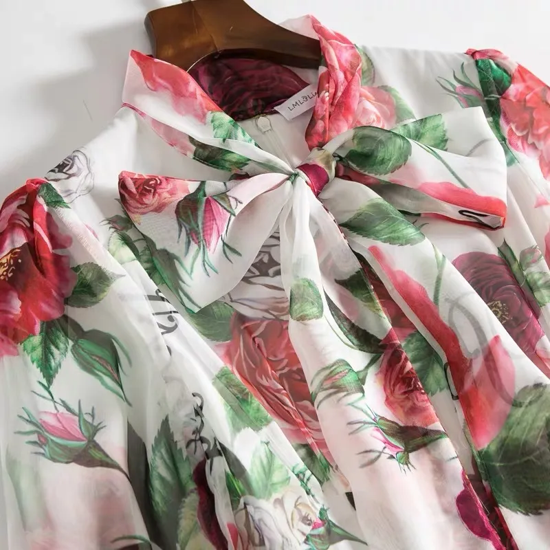 designer della passerella fiore rosa lettera vintage maxi vestito di lusso le donne boho robe de mujer collo a fiocco manica lunga abiti 210421