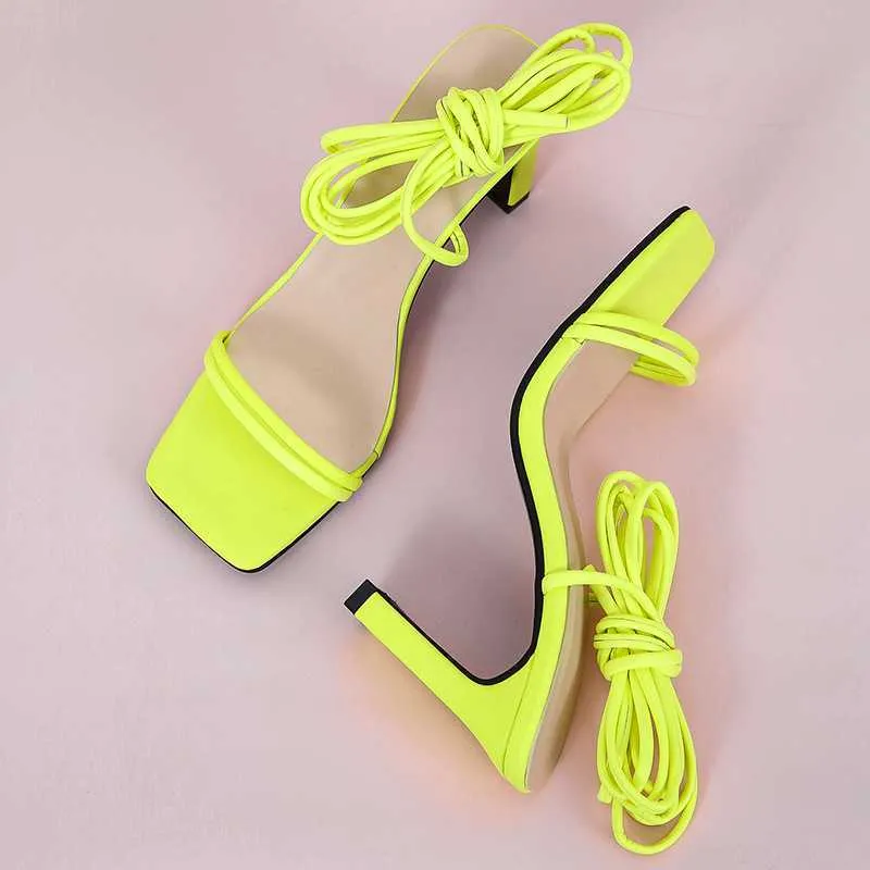 Świeże zielone pomarańczowe koronki sexy sandały dla kobiet lato wysoki obcas buty kwadratowe nudy sandał duży rozmiar 43 y0721