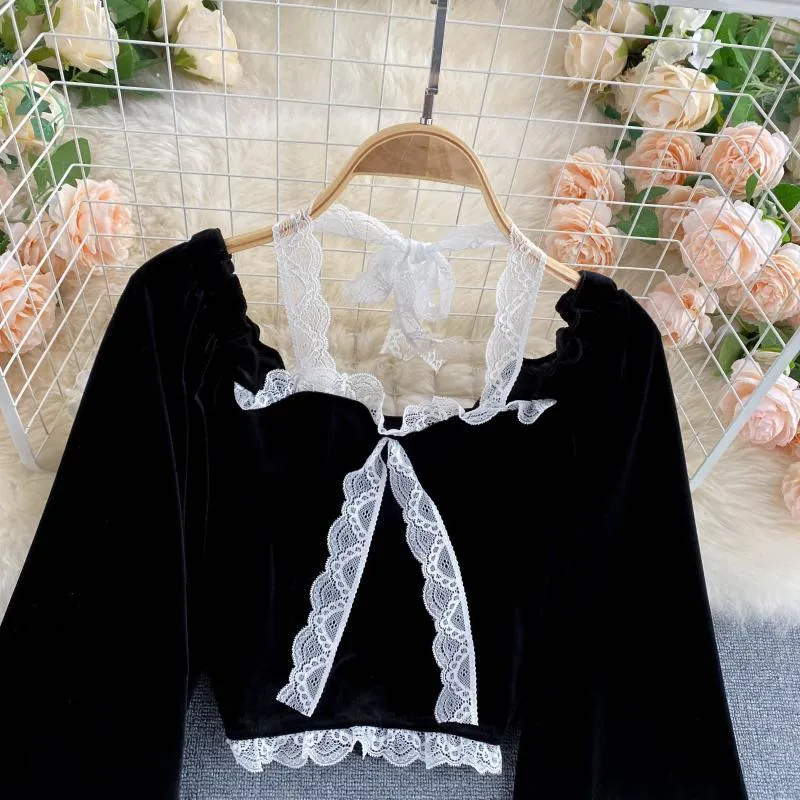 Sexy Halter Lace Patchwork Blouse Short for Women Casual Sleeve Velvet Shirt Feminino Tops Black Moda Autumn Inverno 210326