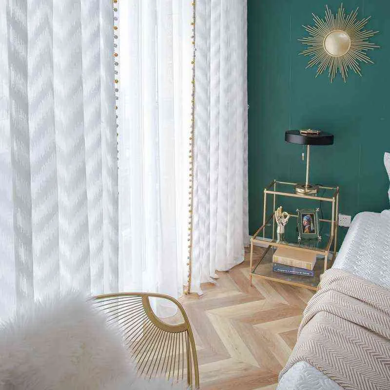 Cortinas transparentes blancas geométricas modernas para sala de estar, cortina de tul con ondas para ventana, cortina de tul para dormitorio, borlas de gasa, pompón, Panel personalizado ciego 211203