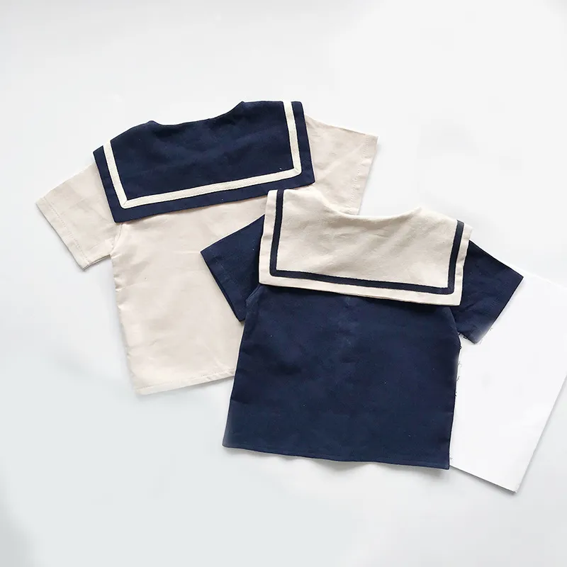 Estate stile coreano bambini colletto alla marinara cotone lino set di vestiti ragazzi ragazze maglietta + pantaloncini 2 pezzi abbigliamento bambino neonato abbigliamento 210326