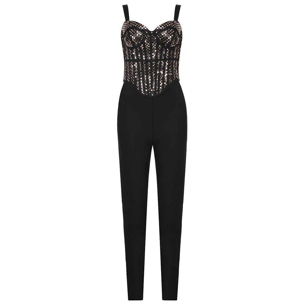 Femmes Vêtements Ensemble Sexy Paillettes Noir Moulante Bandage Deux Pièces Tricoté Parti Celebrity Crop Tops Pantalon 210527